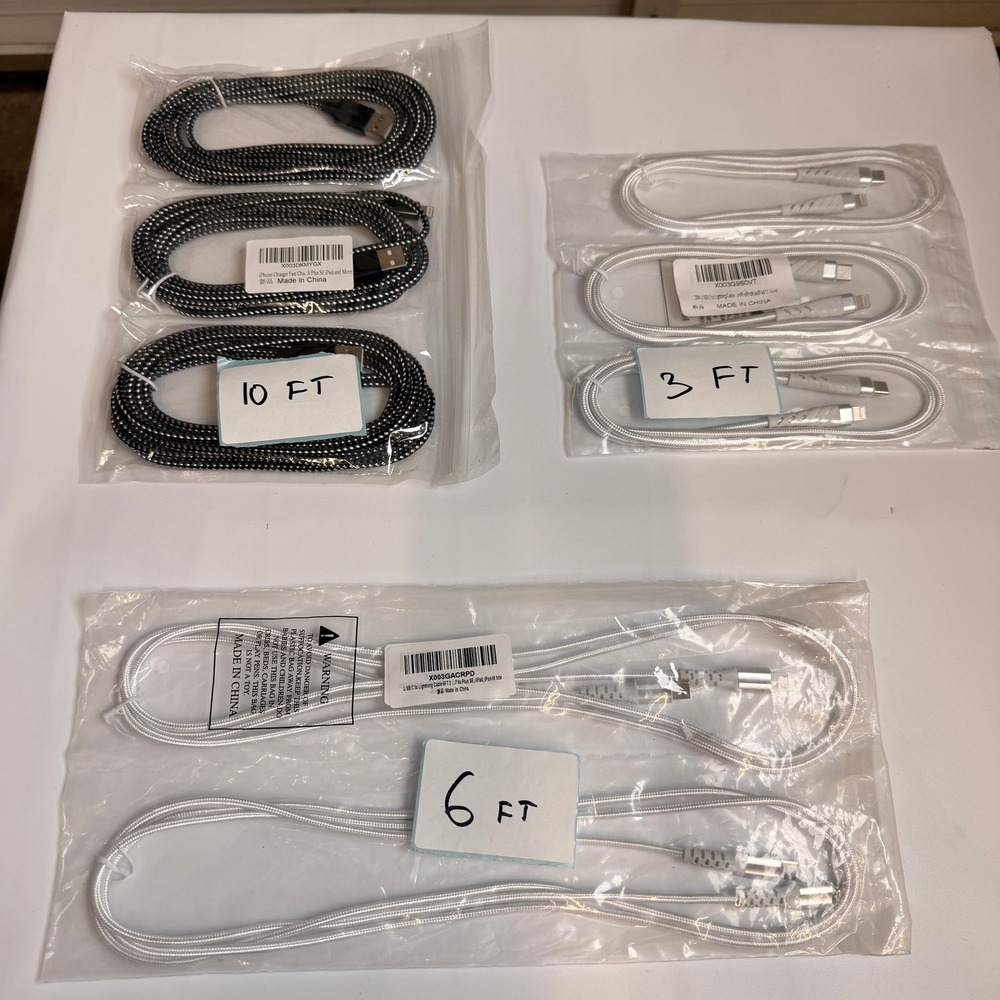 Lot of 8 Mixed USB-A & USB-C to Lightning Fast Charging Cables‎ 3ft 6ft 10ft
